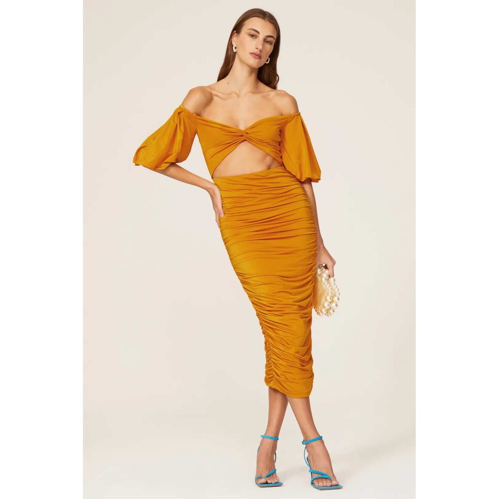 Elle Zeitoune Naira Dress Mustard Yellow Jersey Midi Puff‎ Sleeve Cutout XS